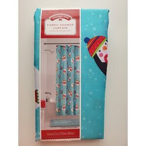 Holiday Time Fabric Shower Curtain Christmas Penguin Snowman Snowflakes Red Blue